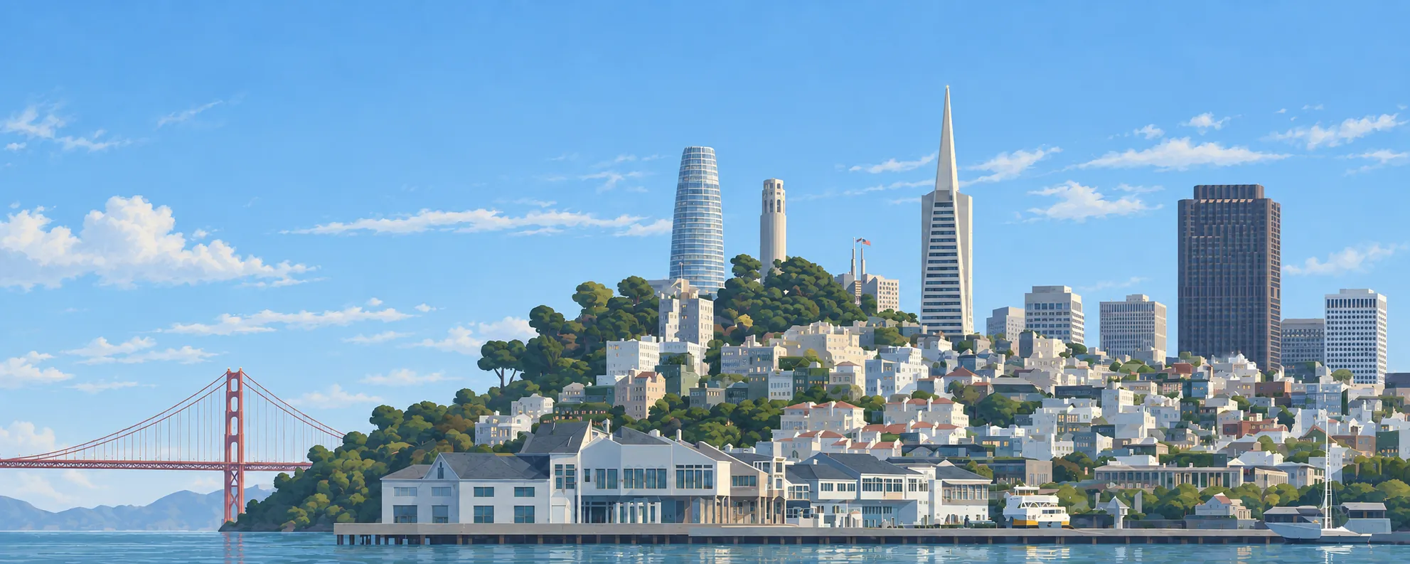 Illustrated San Francisco skyline from the bay, with the Golden Gate Bridge, Coit Tower and the Transamerica Pyramid